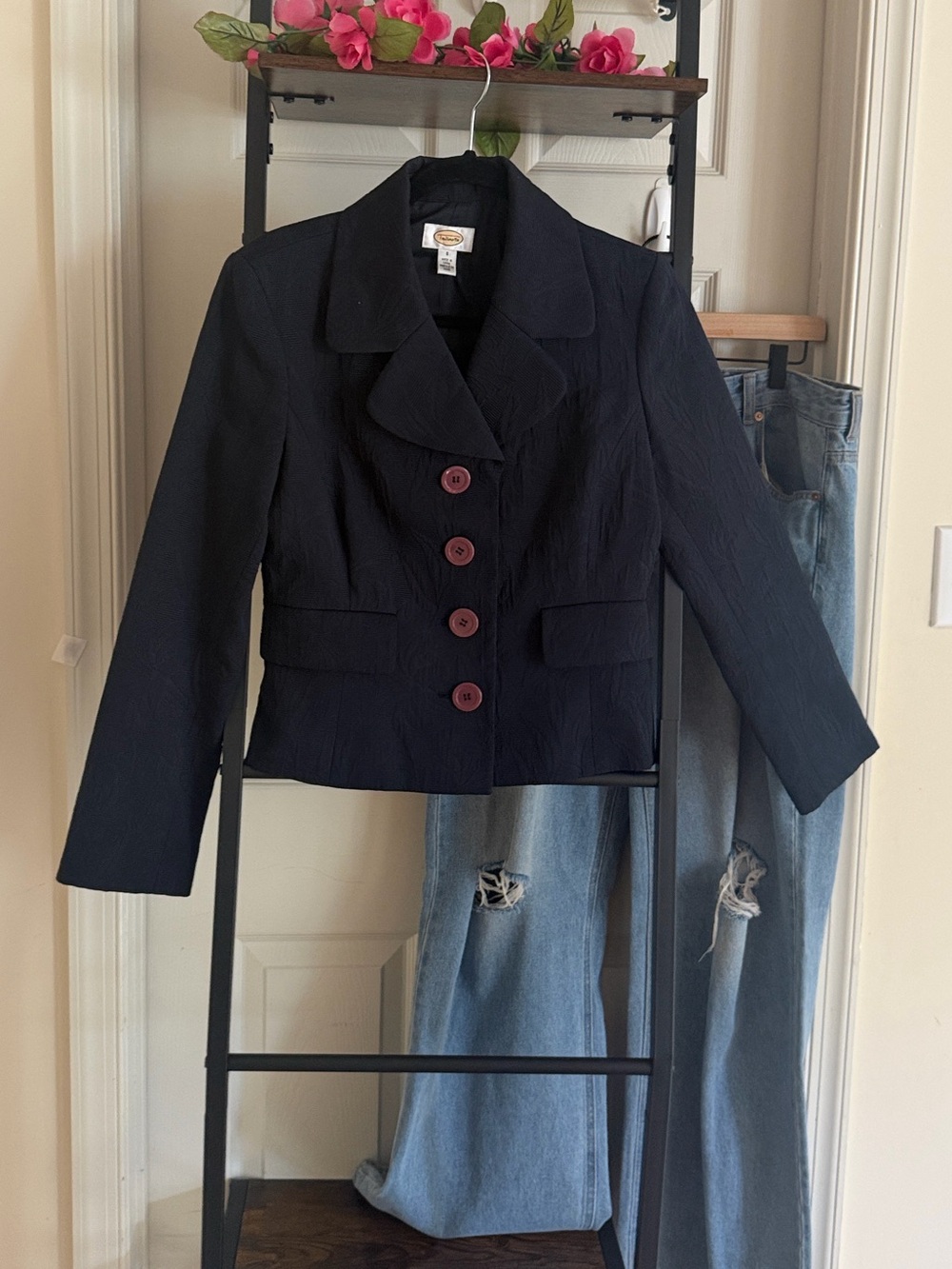 Talbots Navy Blue Cropped Structured Blazer with Burgundy Buttons - Picture 5 of 16